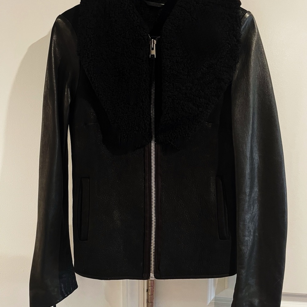 All Saints Black Leather Jacket with Shearling Trim